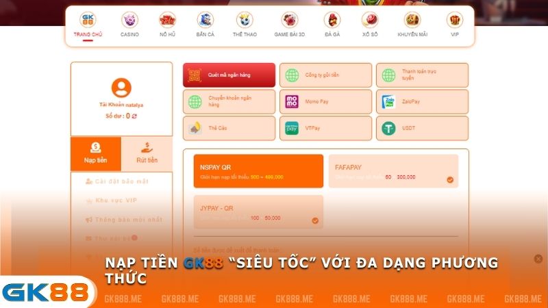 Mọi phương thức nạp tiền tại GK88 đều được bảo mật cao với các lớp mã hóa hiện đại, đảm bảo thông tin tài chính và dữ liệu cá nhân của người chơi luôn được bảo vệ an toàn.