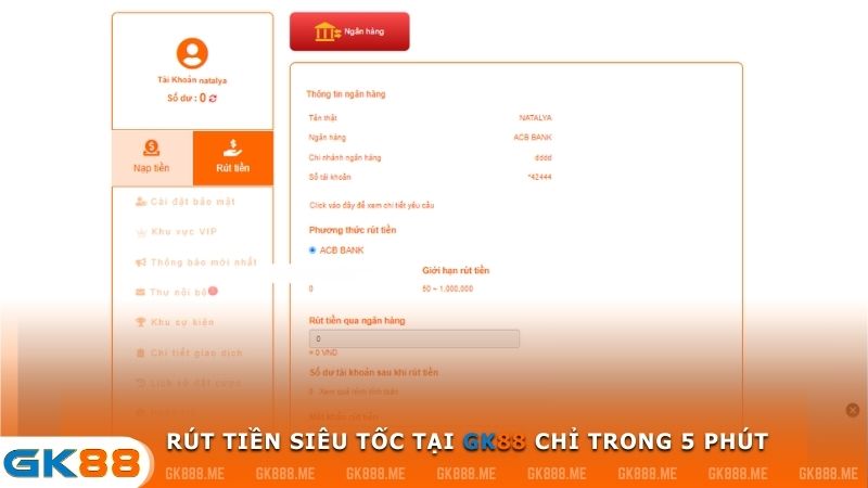 Tính năng rút tiền siêu tốc tại GK88 là một trong những điểm nổi bật thu hút người dùng, cho phép bạn nhận được tiền về tài khoản của mình chỉ trong vòng 5 phút. 