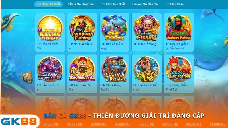 Bắn cá tại GK88 mang lại cảm giác như đang lạc vào đại dương xanh thẳm với vô số loại cá đa dạng.